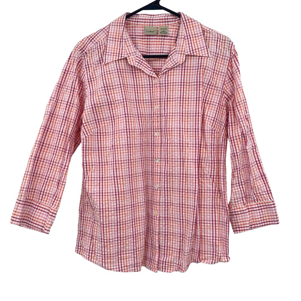 LL Bean Size Large Shirt Pink Orange Plaid Button Up Long Sleeve Outdoors Cotton